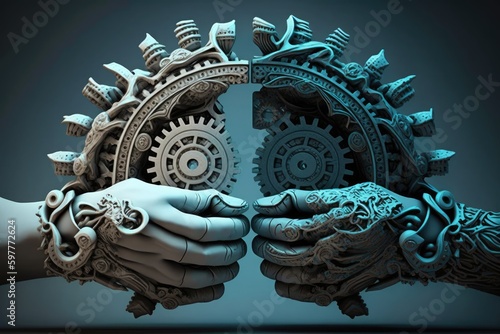 Human hands with gear wheel and cogwheels © Олег Фадеев