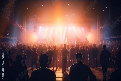 Massive crowd on music concert with stage lights on the background. Digitally generated ai image