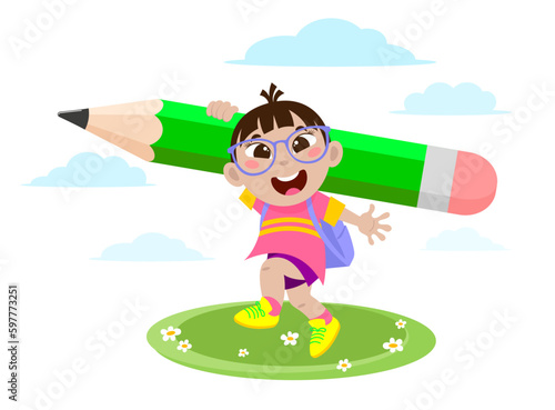 Joyful boy with a pencil on his shoulder hurries to knowledge on a white background with clouds
