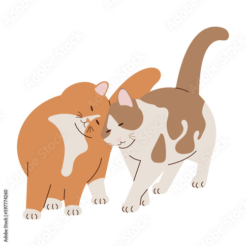 Two cute cats hug each other, rub. Red and brown spotted cats. Flat design style. Vector illustration.