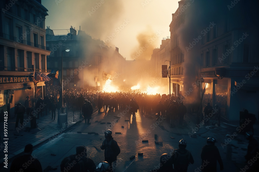 Riots in the street with fires. Digitally generated ai image