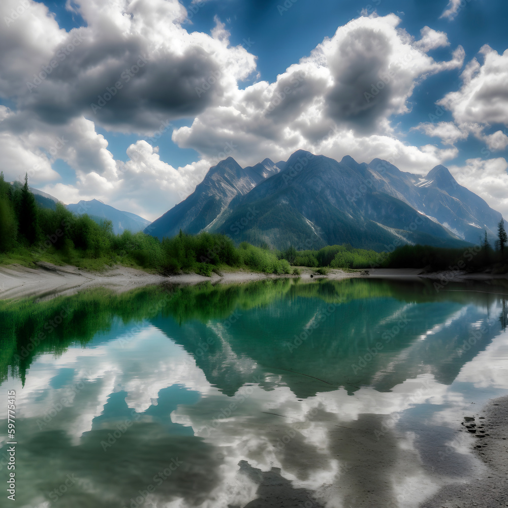 Tranquil scenery with snow castle in clouds. Mountain creek flows from forest hills into glacial lake created with Generative AI technology.