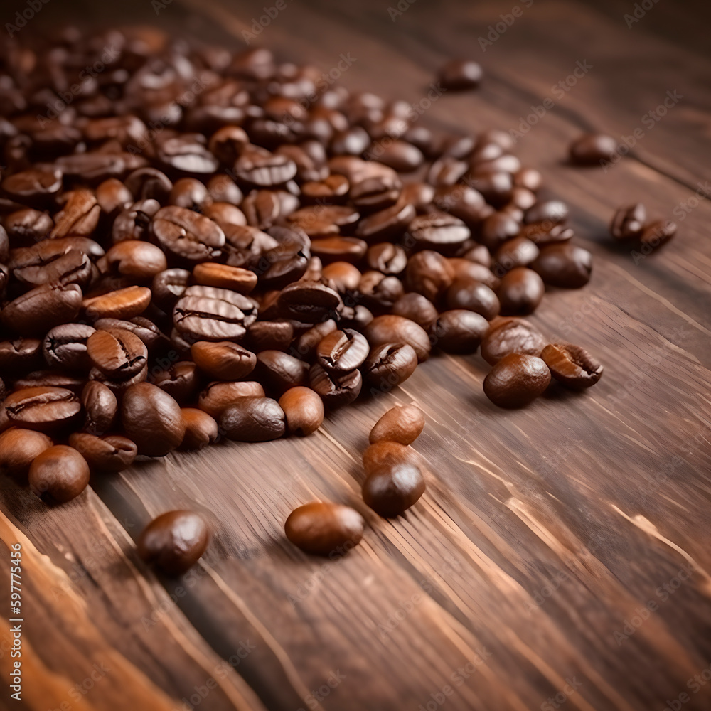 Coffee beans on wood background created with Generative AI technology. Coffee beans on wood background created with Generative AI technology.