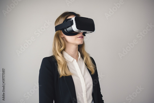 A woman in a suit wearing VR glasses, Generative AI