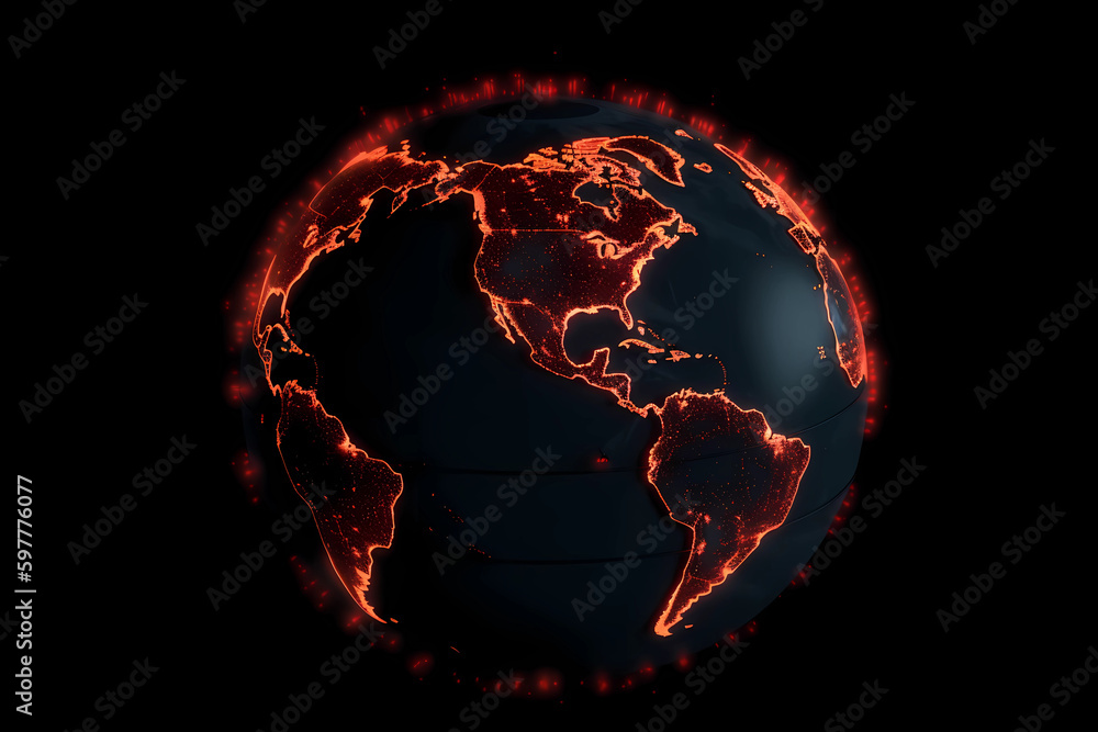 Planet Earth With Electricity Glowing In Red Highlighting The World