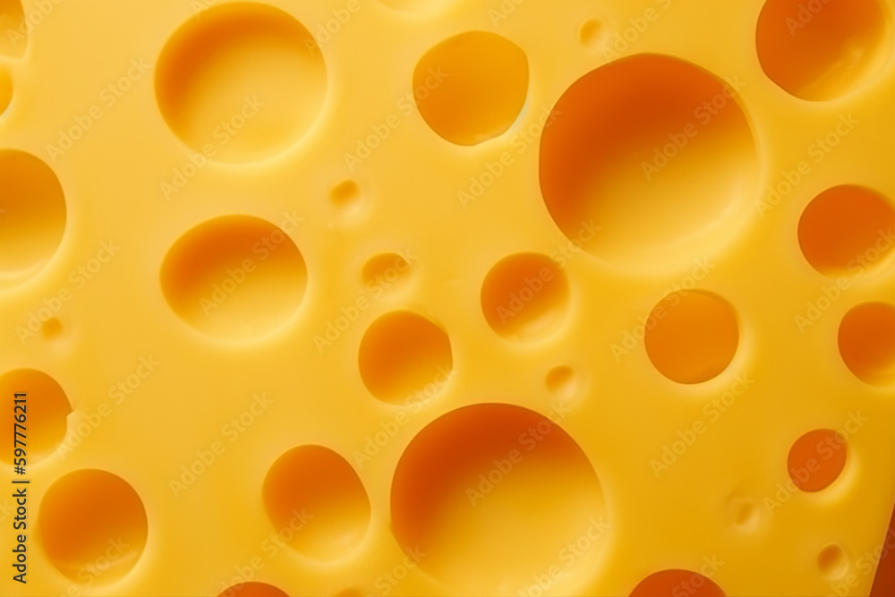 Cheese texture. Bright yellow cheese with big holes, emmental or cheddar, Generative AI Cheese texture. Bright yellow cheese with big holes, emmental or cheddar, Generative AI