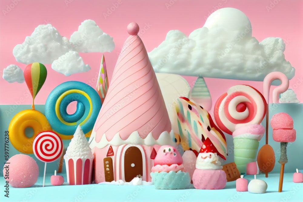 Fantasy village, kingdom or town made of sweets, ice-cream, marshmallow, cookies, candies, lollypops, cakes, cupcakes, street view. Colorful sweet world with houses and buildings. Fantasy village, kingdom or town made of sweets, ice-cream, marshmallow, cookies, candies, lollypops, cakes, cupcakes, street view. Colorful sweet world with houses and buildings.