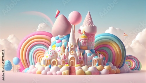 Fantasy village, kingdom or town made of sweets, ice-cream, marshmallow, cookies, candies, lollypops, cakes, cupcakes, street view. Colorful sweet world with houses and buildings. © Ilia