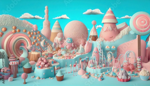 Fantasy village, kingdom or town made of sweets, ice-cream, marshmallow, cookies, candies, lollypops, cakes, cupcakes, street view. Colorful sweet world with houses and buildings.