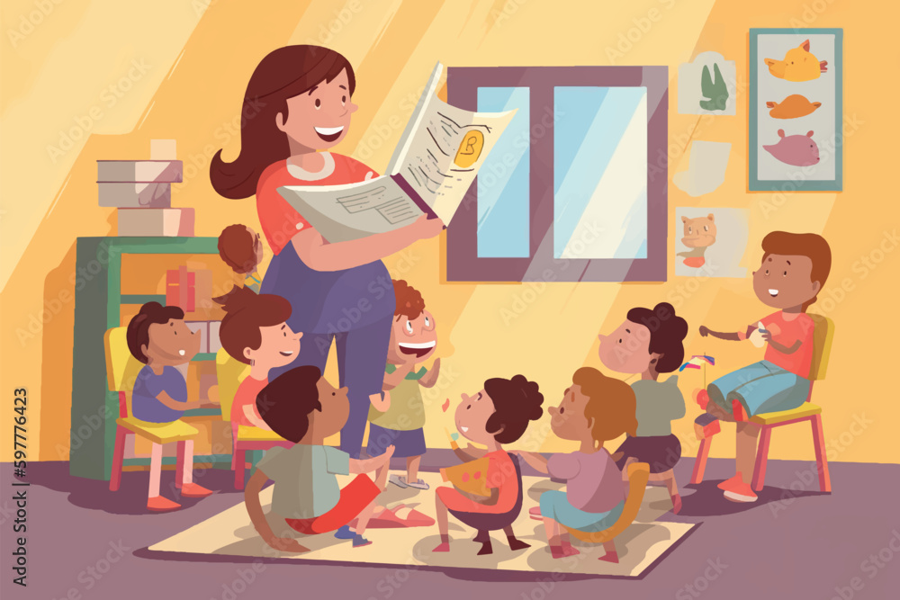 A cartoon vector illustration showing a teacher reading an educational book to a group of young children in a preschool classroom. The concept is focused on teaching children and preschool education.