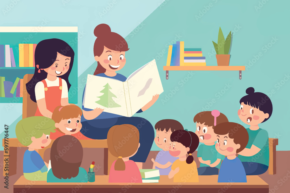 A cartoon vector illustration showing a teacher reading an educational book to a group of young children in a preschool classroom. The concept is focused on teaching children and preschool education. A cartoon vector illustration showing a teacher reading an educational book to a group of young children in a preschool classroom. The concept is focused on teaching children and preschool education.