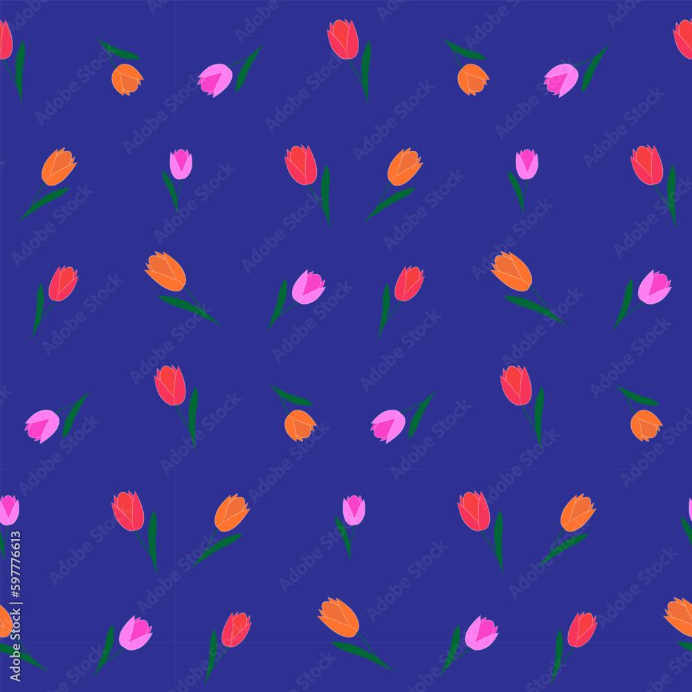 Multicolored tulip flowers on a dark blue background, a pattern for fabric, wrapping paper. Vector seamless pattern Multicolored tulip flowers on a dark blue background, a pattern for fabric, wrapping paper. Vector seamless pattern