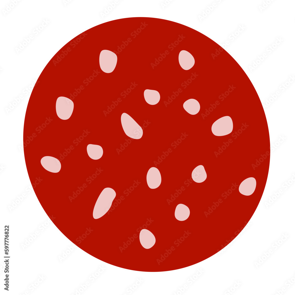 Fototapeta premium Slice of salami sausage. Food. Clipart. Isolated slice of salami sausage on a white background. Vector illustration.