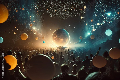 Huge dance floor in a big hall. Colored lights. Crowd of thousands of people standing in awe, having fun. Above them are big lit balls, bokeh lights like stars, planets, night sky. Generative AI