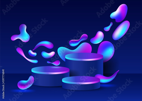Showroom with cylinder podium is surrounded by a sci fi style lava flow and illuminated by a glowing LED line. Futuristic 3D scene in blue, purple neon colors with pedestal for product placement.