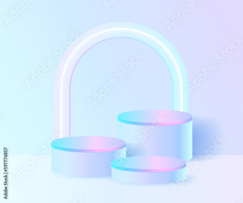 3D Neon futuristic hologram pedestal in a minimal interior. Empty bright pink glowing stage for modern product presentation, abstract ceremony or digital shape showcase in a soft pastel gradient 