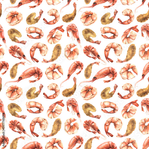 Boiled and fried peeled and unpeeled shrimp. Watercolor illustration. Seamless pattern on a white background from the SHRIMP collection. For the design and design of menus, recipes, packaging