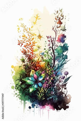 A vibrant flower garden with a watercolor and ink style, conveying a sense of joy and vitality, illuminated by bright and colorful sunlight.