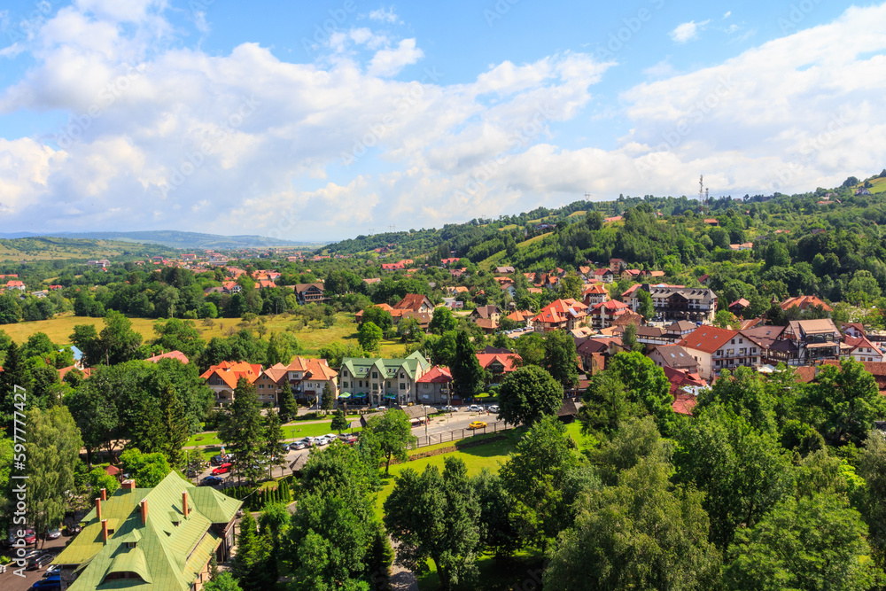 A view from a height of the village of Bran, where the famous Dracula's Castle is located. Transylvania. Romania