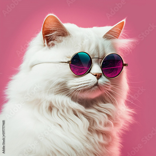 Pink background and a white cool cat wearing sunglasses