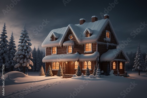 a gingerbread house in the snow by ai generated