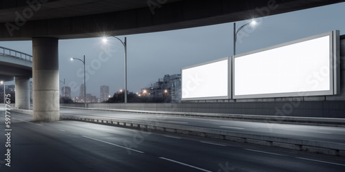 Blank white advertising display billboard in a city street. Promotional poster mock up. Generative ai © ink drop