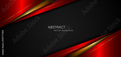 Abstract red and gold polygon with golden lines on dark steel mesh background with empty space for design. modern technology innovation concept background
