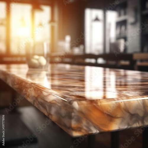 Wood table top on blur kitchen background .For montage product display or design key visual layout. Generate with AI 