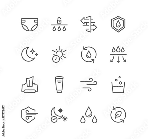 Set of diaper and baby pants feature icons, absorption, breathable, cotton, nappy and linear variety vectors.