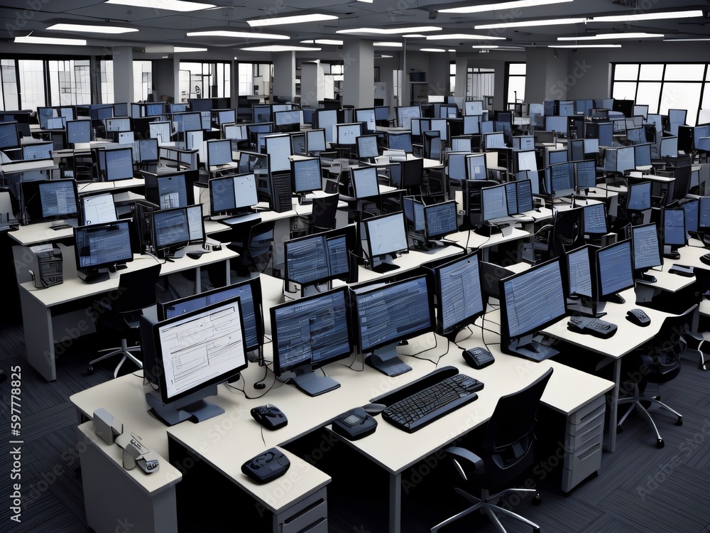 Obraz premium A computer lab with rows of computers and desks