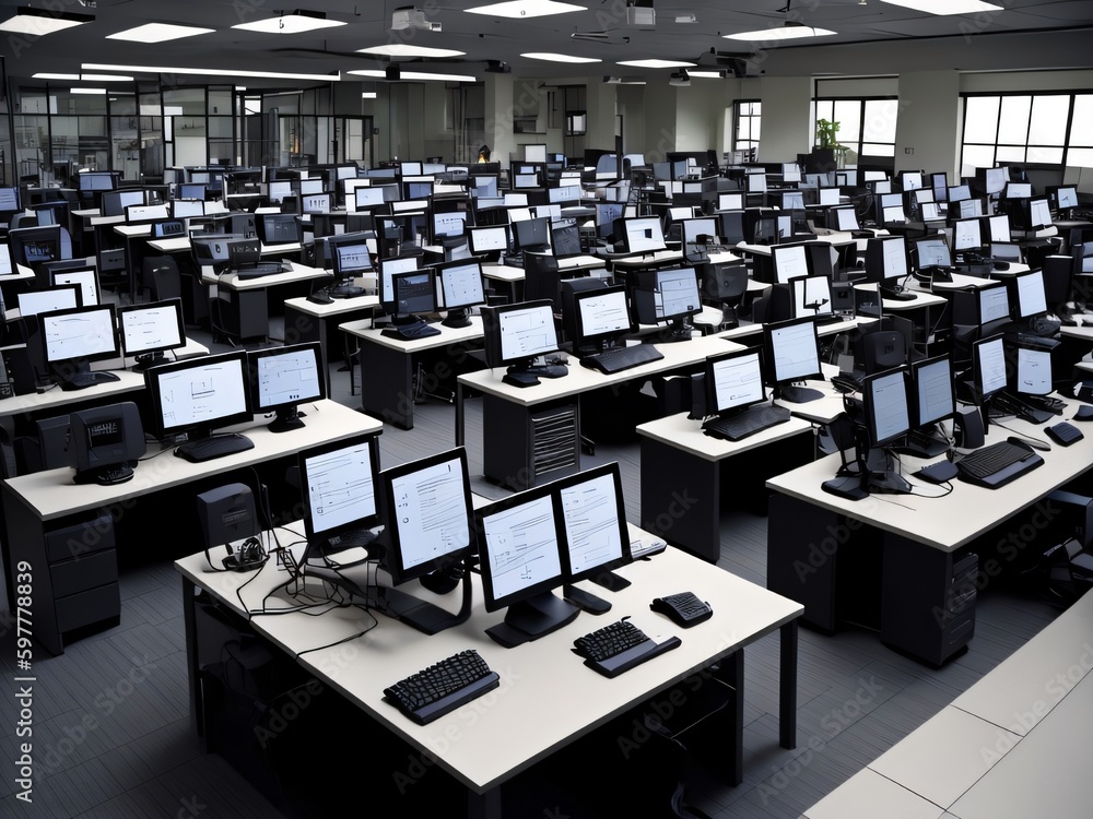 Obraz premium A computer lab with rows of computers and desks