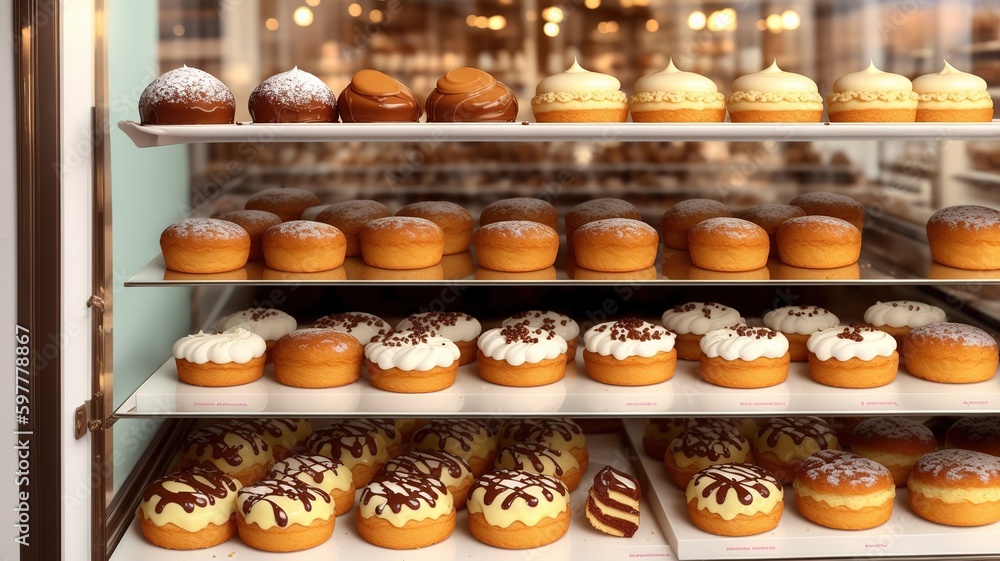a pastry shop or cafe. Tasty french sweets on window shop by ai generated a pastry shop or cafe. Tasty french sweets on window shop by ai generated