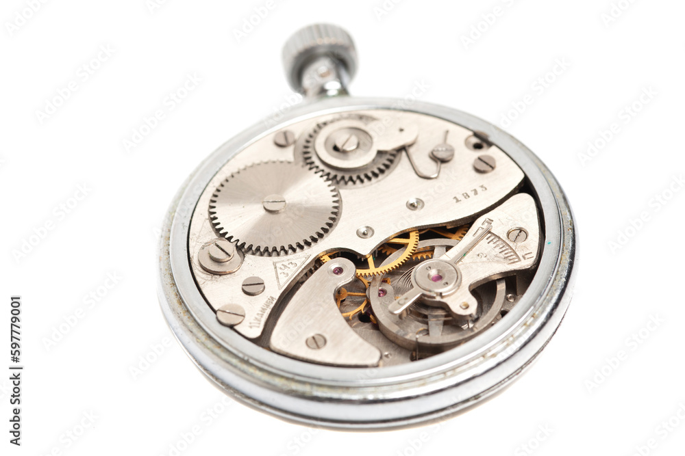 Mechanism, clockwork of a stopwatch, isolated on white. Time, work concept Mechanism, clockwork of a stopwatch, isolated on white. Time, work concept