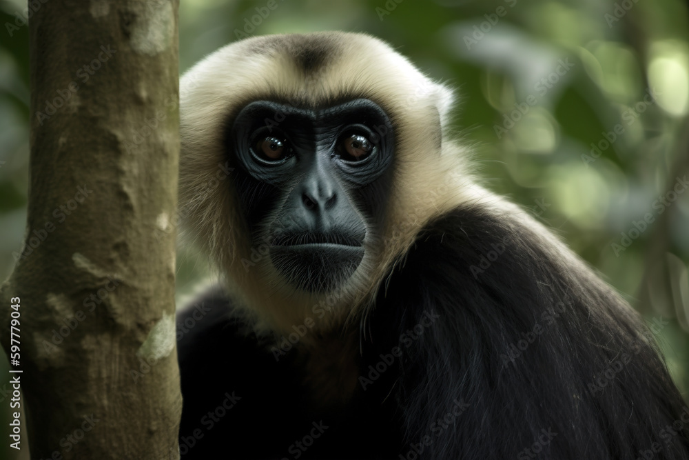 Image of pileated gibbon on the tree on nature background. Wildlife Animals. Illustration, generative AI. Image of pileated gibbon on the tree on nature background. Wildlife Animals. Illustration, generative AI.