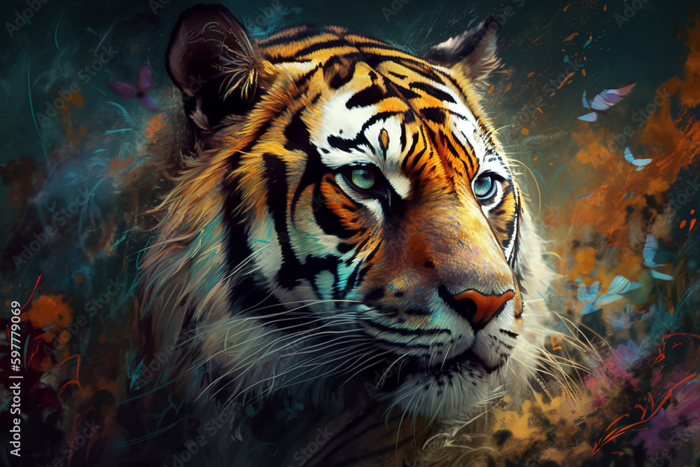 Image of a a tiger head with beautiful bright colors on a dark background. Wildlife Animals. Illustration, generative AI. Image of a a tiger head with beautiful bright colors on a dark background. Wildlife Animals. Illustration, generative AI.