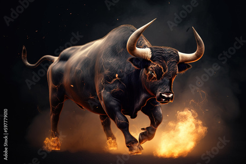 Image of an angry bull with flames. Wild animal. illustration, generative AI.