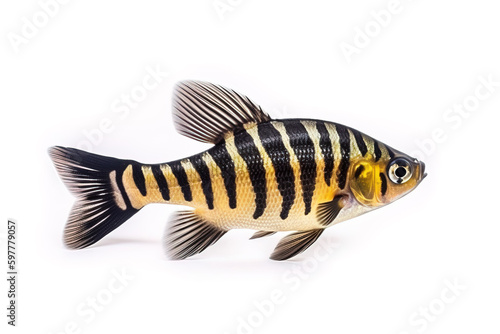 Image of siamese tigerfish on a white background. Underwater animals. Fishs. Illustration. Generative AI.