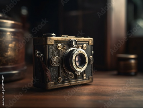 A close-up photo of an antique camera, with intricate metal and leather design. The visible wear and tear adds character and history.