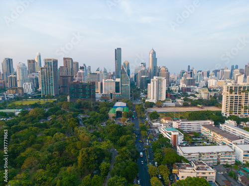 Lumpini park with office building in Bangkok city central of Thailand