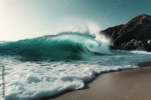 Big turquoise wave crashes onto calm beach. Generative AI