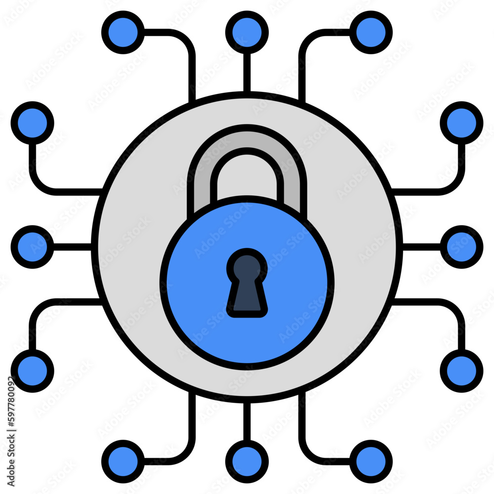 A flat design icon of encryption, padlock with nodes 
