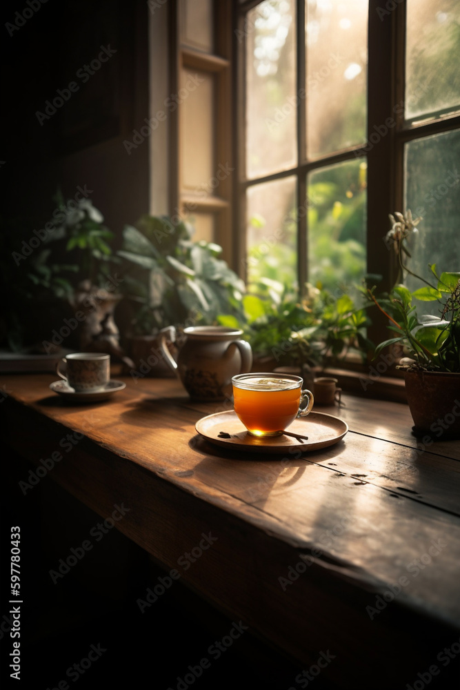 A peaceful morning scene with a cup of fasting tea sitting on a wooden table, surrounded by plants and natural light. A peaceful morning scene with a cup of fasting tea sitting on a wooden table, surrounded by plants and natural light.