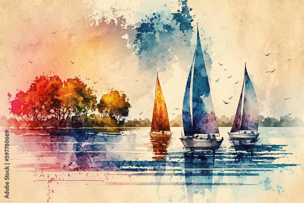 Sailboats on a lake, Summer, watercolor style Generative AI