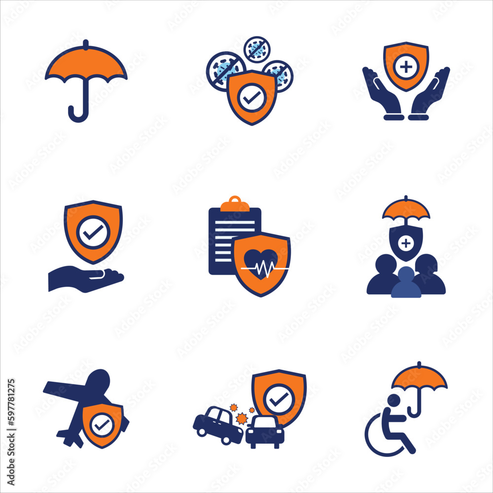 blue and orange insurance flat icon elements set blue and orange insurance flat icon elements set