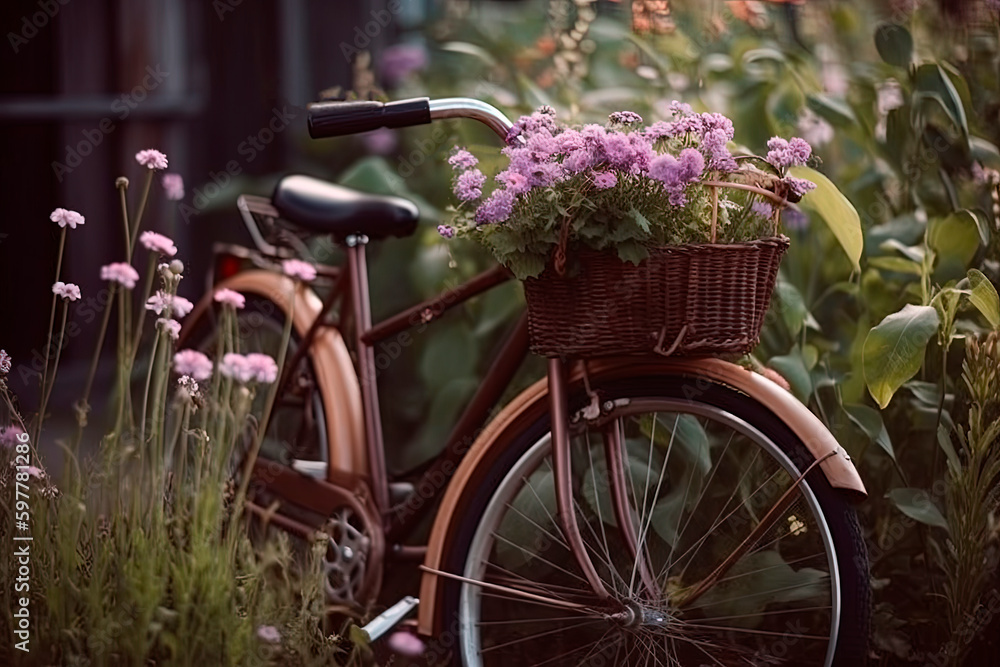 A bicycle with a baske full of purple flowers. Generative AI