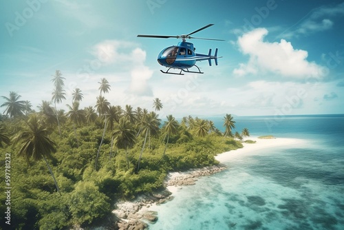 Small helicopter flying to private tropical island with wind turbines and bungalows. Generative AI