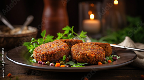 Plate with tasty lentil cutlets on table, generative ai