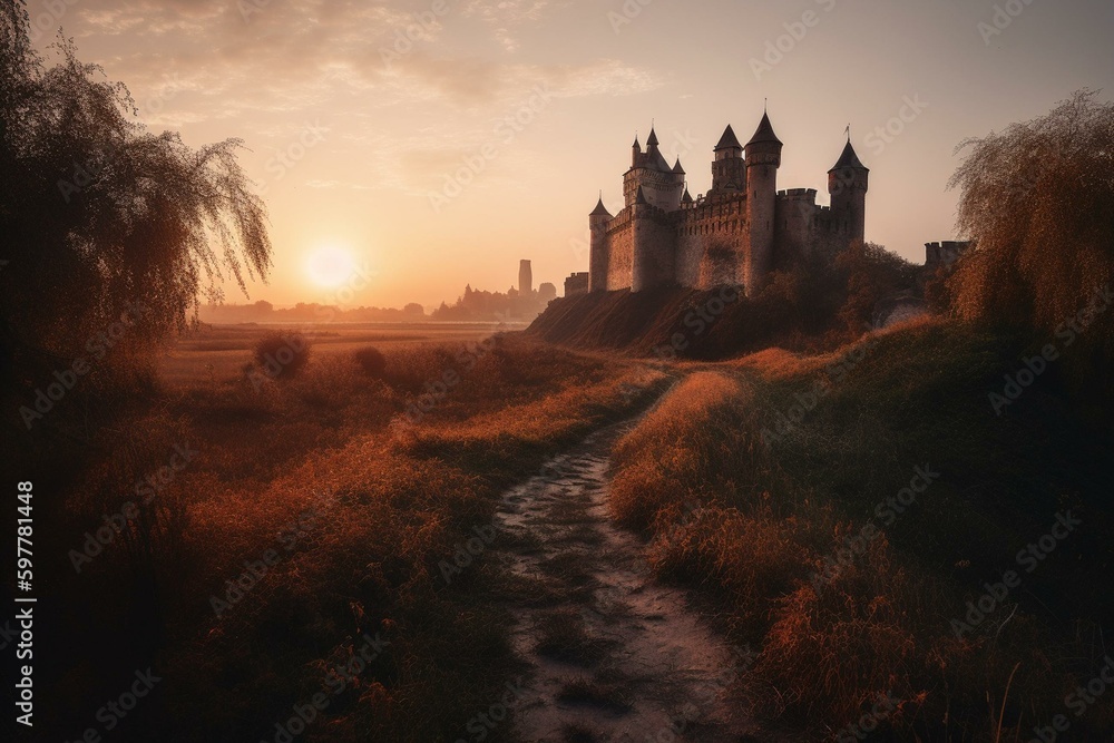 Medieval urban castle and rural landscape during sunrise. Generative AI