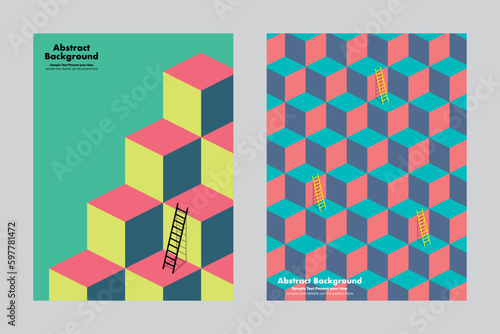Geometric cubes and stairs abstract background, vector isometric graphic design, business concept, cover poster wallpaper backdrop, 3d pattern, website layout templates, climb, goal, way to success