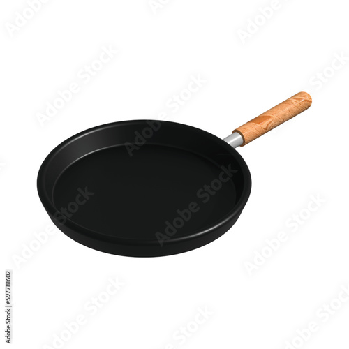 Skillet frying pan with wooden handle icon isolated on white background, realistic 3d black pan. Vector illustration
